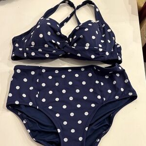 Lands' End Navy and White Polka Dot Bikini